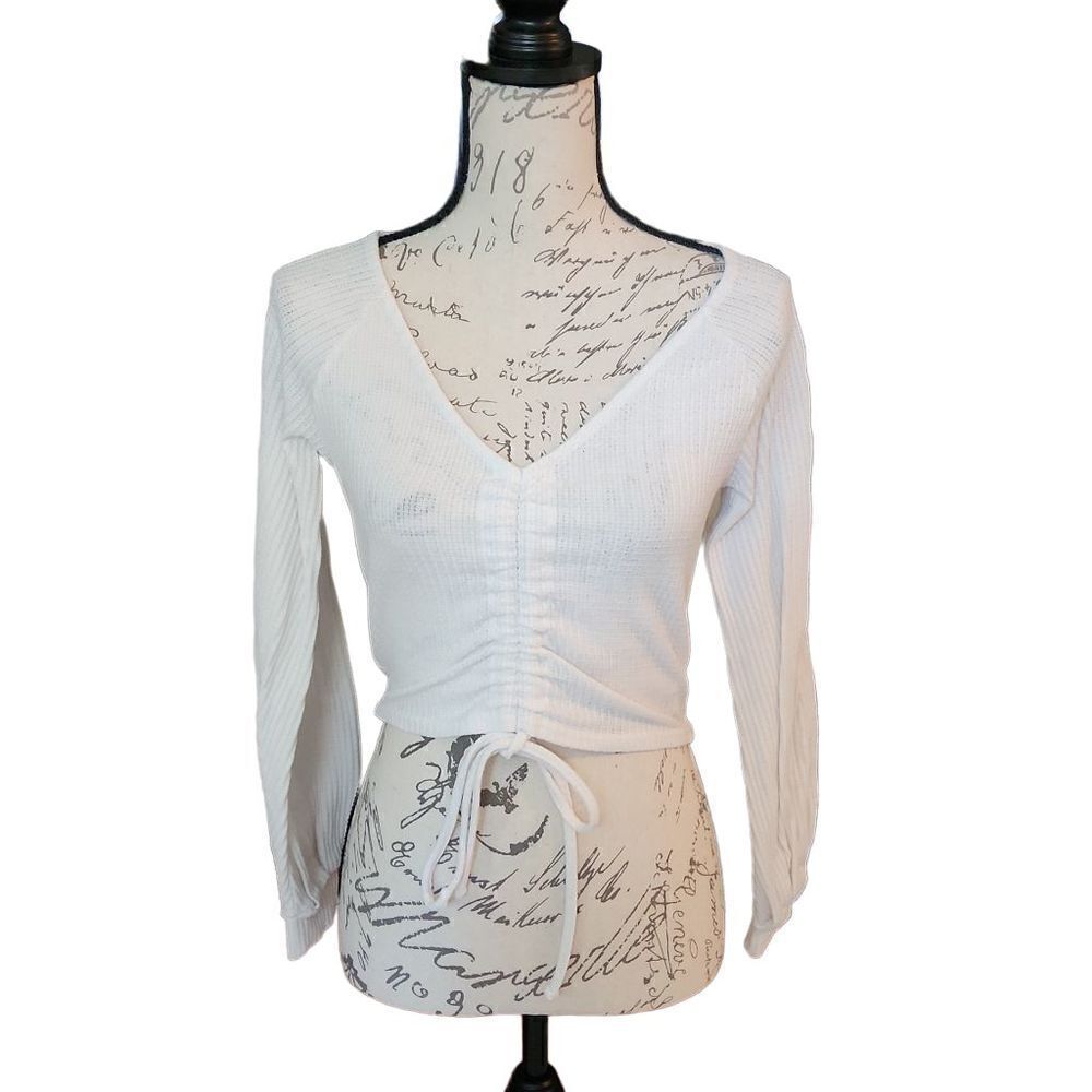 Forever 21 Waffle WeaveRuched Front Crop Long Balloon Sleeve Top - Size Medium